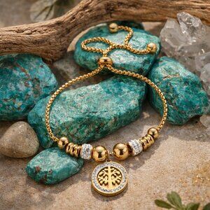 18K Gold Plated Stainless Steel Tree Of Life Cubic Zirconia Talisman Bolo Slider